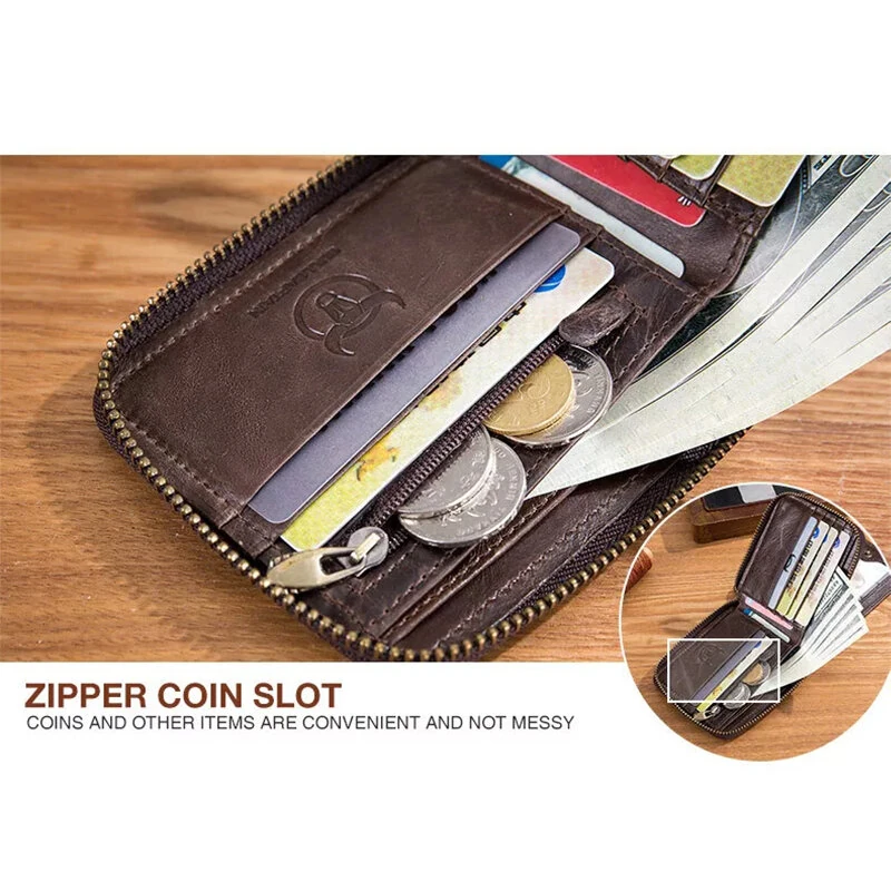 (image for) BULLCAPTAIN Genuine Leather Zipper Men Wallets Multi Card Slot ID Card Mini Holder Bags Bussiness Casual Coin Purse